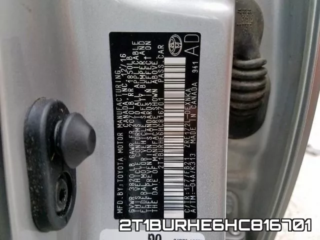 2T1BURHE6HC816701 фото 2