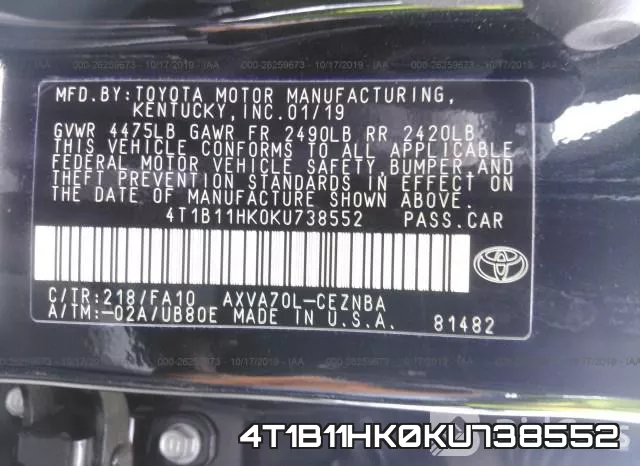4T1B11HK0KU738552 фото 8