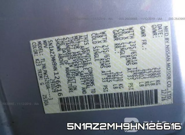 5N1AZ2MH9HN126616 фото 8