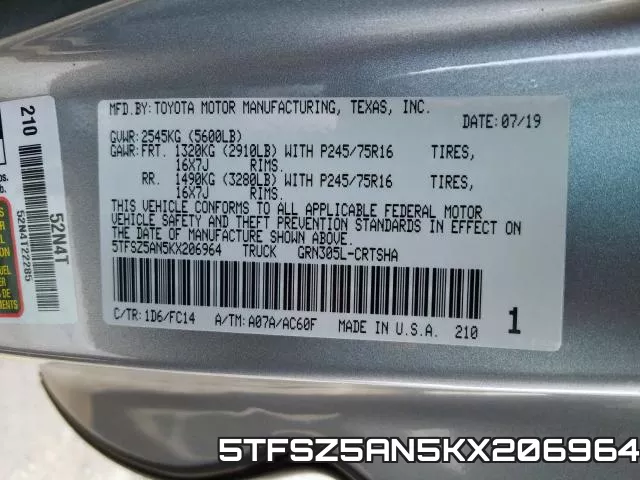 5TFSZ5AN5KX206964 фото 2