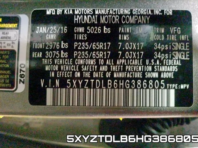 5XYZTDLB6HG386805 фото 2