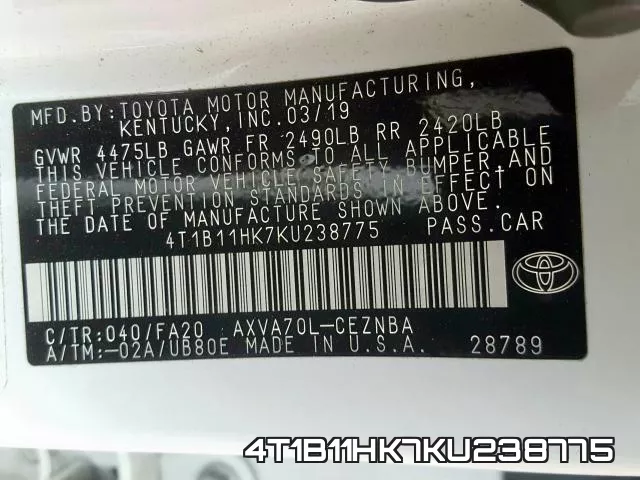 4T1B11HK7KU238775 фото 2