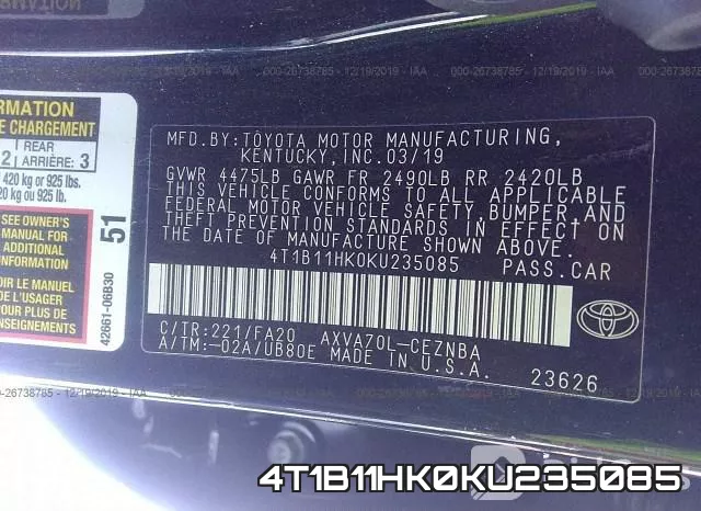 4T1B11HK0KU235085 фото 8