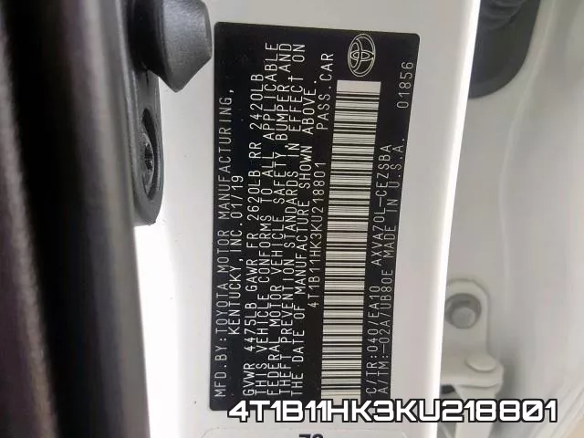 4T1B11HK3KU218801 фото 2