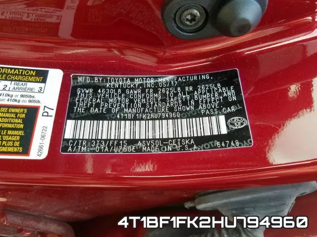 4T1BF1FK2HU794960 фото 2