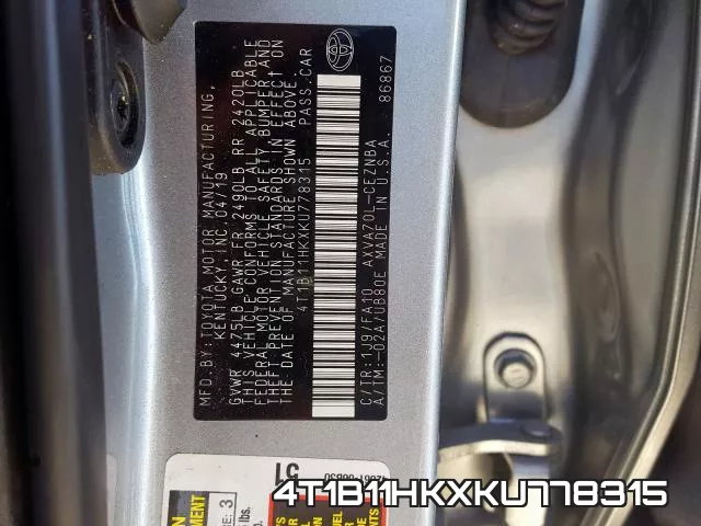 4T1B11HKXKU778315 фото 2