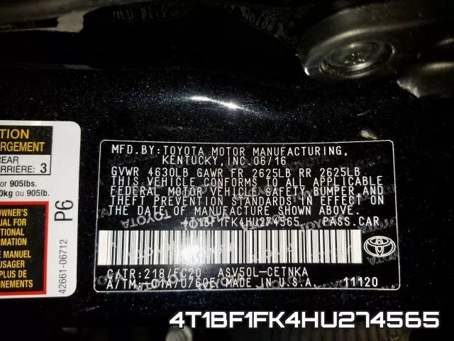 4T1BF1FK4HU274565 фото 2