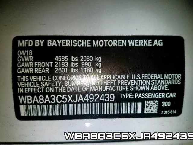 WBA8A3C5XJA492439 фото 2