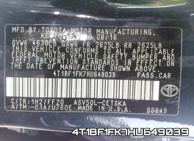 4T1BF1FK7HU649039 фото 8