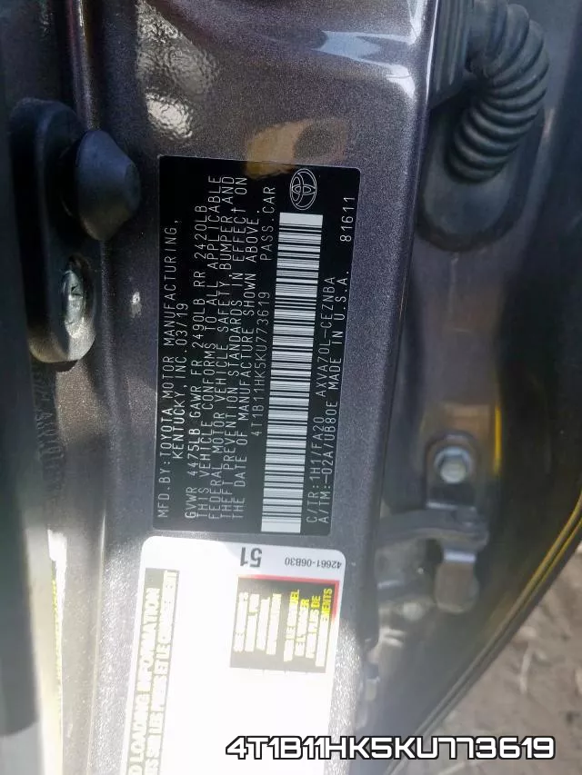 4T1B11HK5KU773619 фото 2