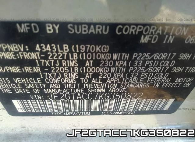 JF2GTACC7KG350822 фото 9