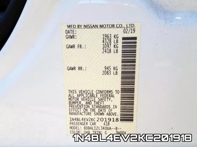 1N4BL4EV2KC201918 фото 2
