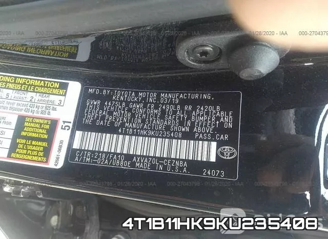 4T1B11HK9KU235408 фото 9