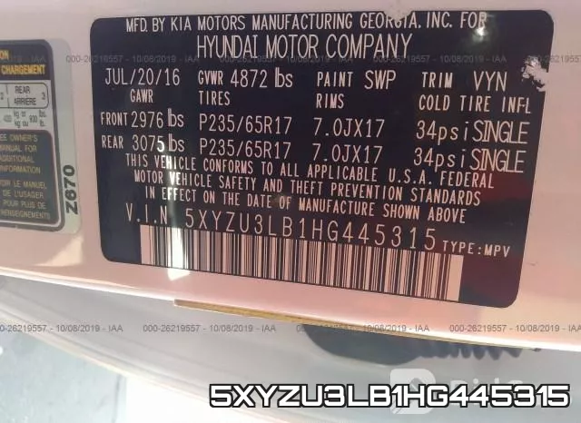 5XYZU3LB1HG445315 фото 8