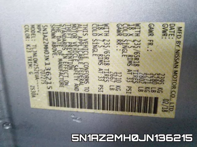 5N1AZ2MH0JN136215 фото 2