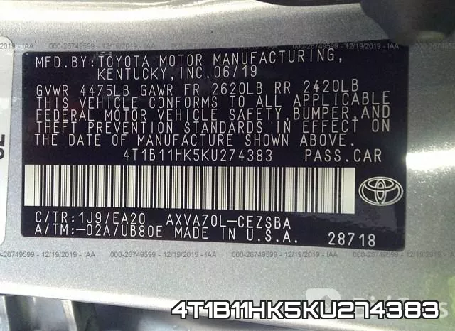 4T1B11HK5KU274383 фото 7