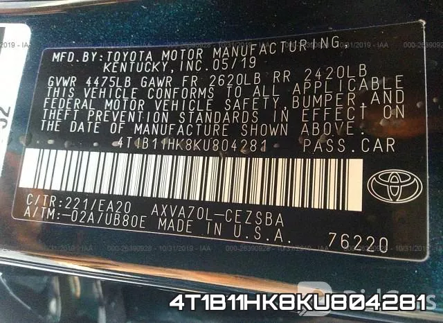 4T1B11HK8KU804281 фото 8