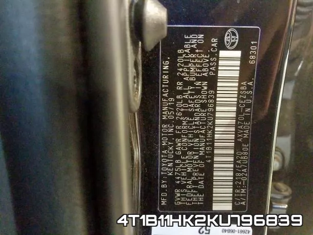4T1B11HK2KU796839 фото 2