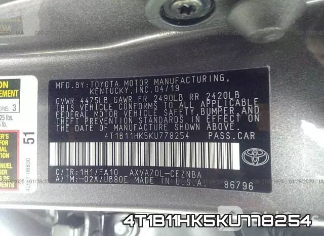 4T1B11HK5KU778254 фото 8