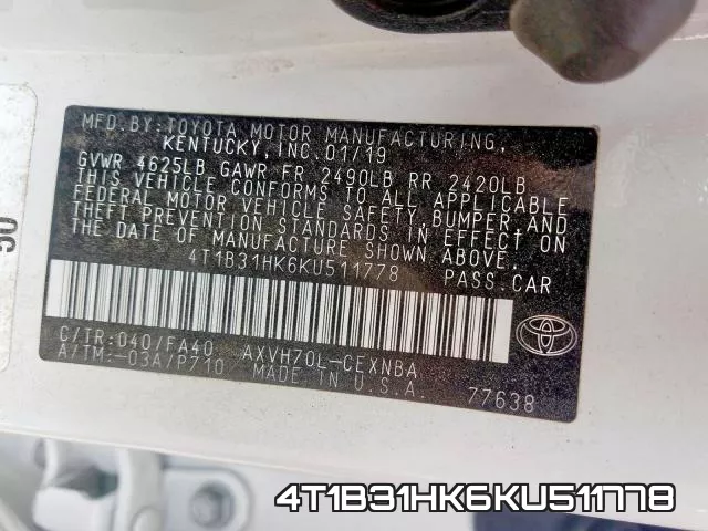 4T1B31HK6KU511778 фото 2