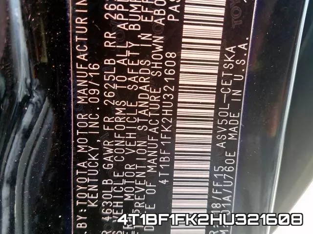4T1BF1FK2HU321608 фото 2