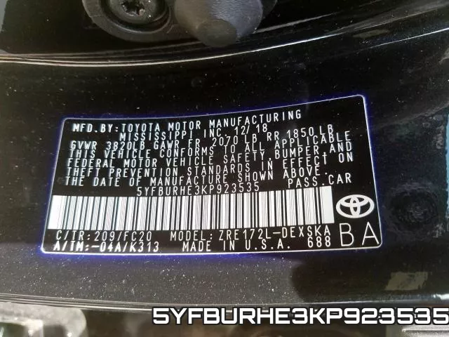 5YFBURHE3KP923535 фото 2