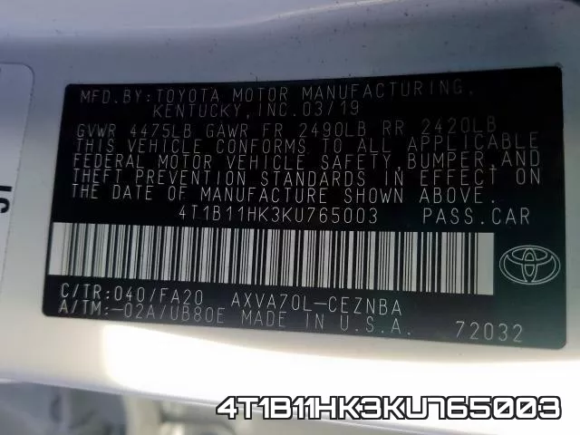 4T1B11HK3KU765003 фото 2
