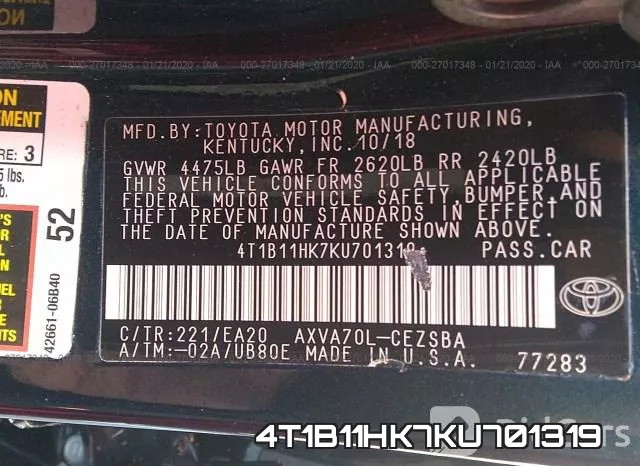 4T1B11HK7KU701319 фото 6