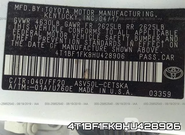 4T1BF1FK8HU428906 фото 8