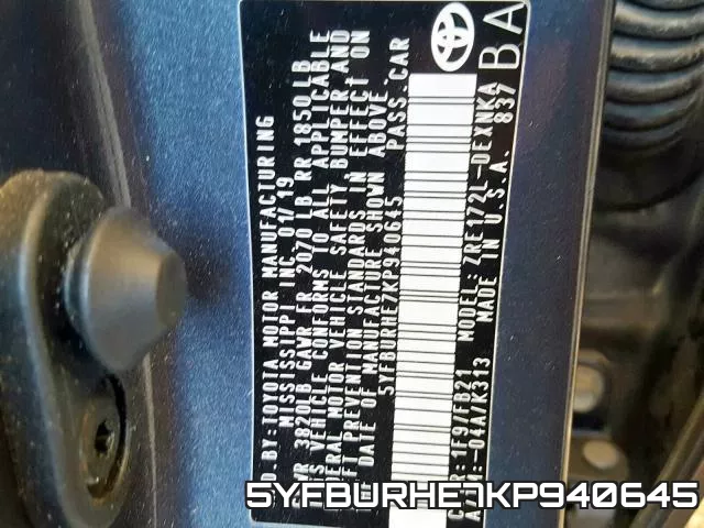 5YFBURHE7KP940645 фото 2