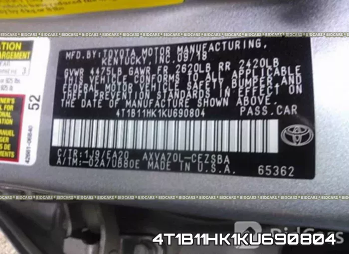 4T1B11HK1KU690804 фото 10