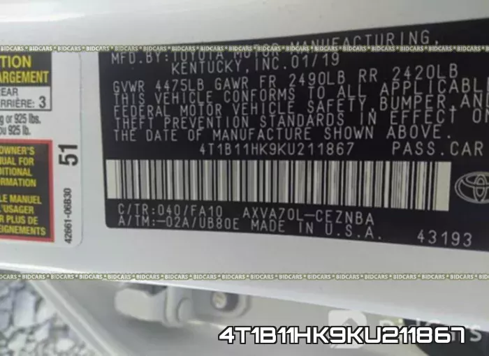 4T1B11HK9KU211867 фото 10