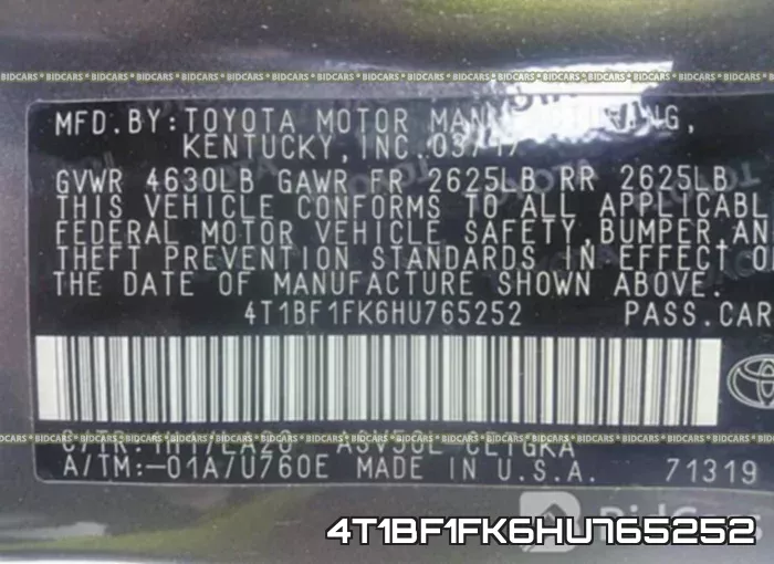 4T1BF1FK6HU765252 фото 10