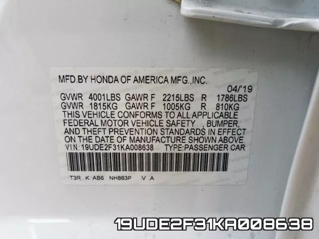 19UDE2F31KA008638 фото 2