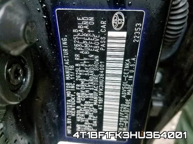 4T1BF1FK3HU364001 фото 2