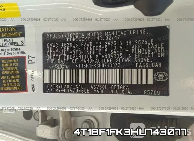 4T1BF1FK3HU743077 фото 8