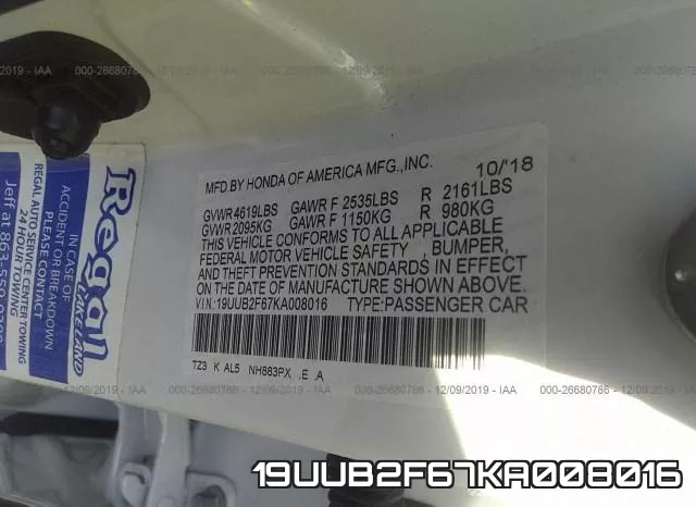 19UUB2F67KA008016 фото 8