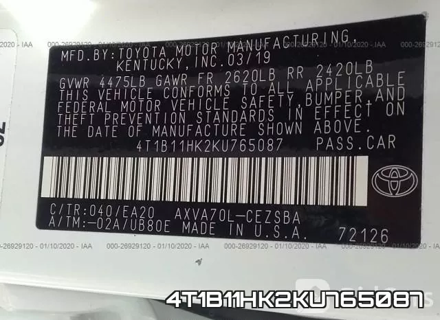 4T1B11HK2KU765087 фото 6