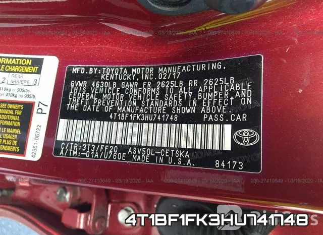4T1BF1FK3HU741748 фото 6