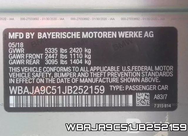 WBAJA9C51JB252159 фото 5