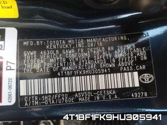 4T1BF1FK9HU305941 фото 2