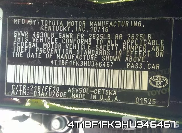4T1BF1FK3HU346467 фото 7