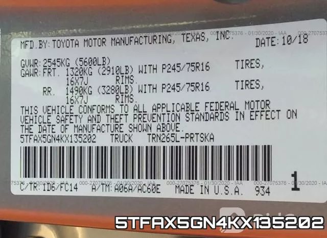 5TFAX5GN4KX135202 фото 8