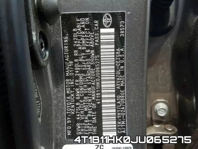4T1B11HK0JU065275 фото 2