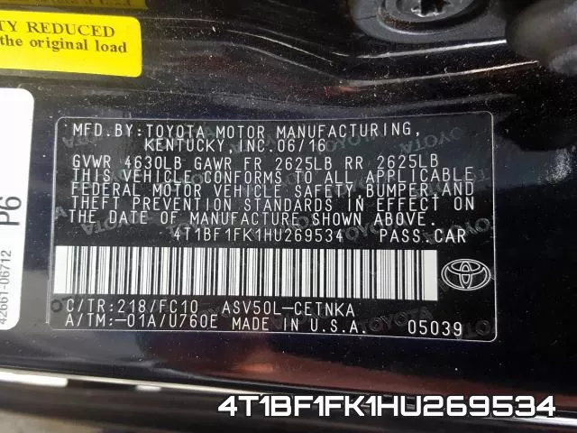 4T1BF1FK1HU269534 фото 2