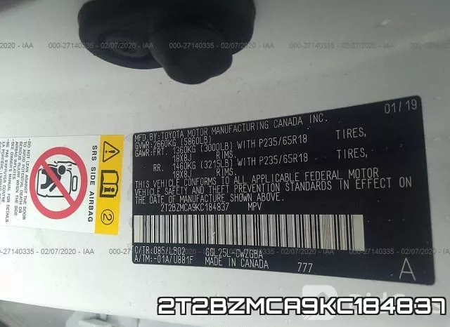 2T2BZMCA9KC184837 фото 7