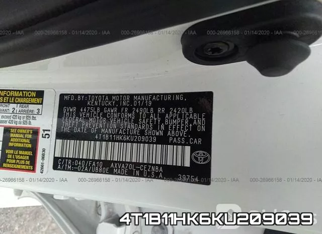 4T1B11HK6KU209039 фото 5