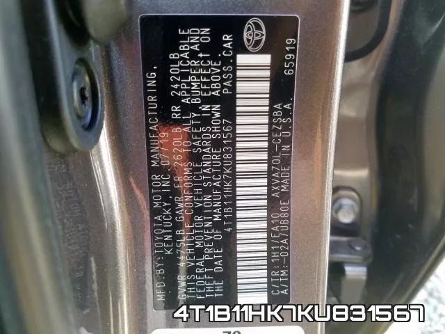 4T1B11HK7KU831567 фото 2