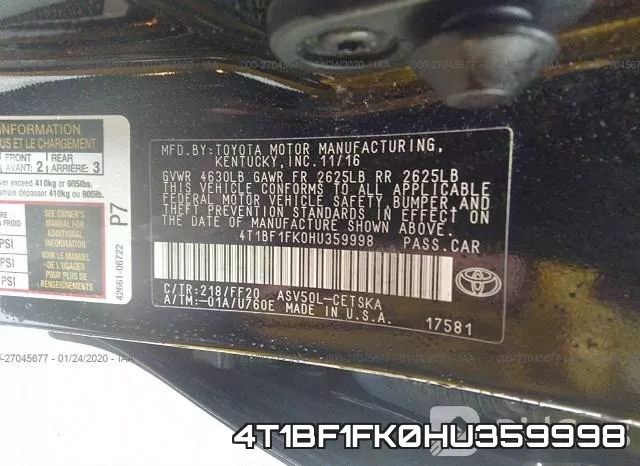 4T1BF1FK0HU359998 фото 7