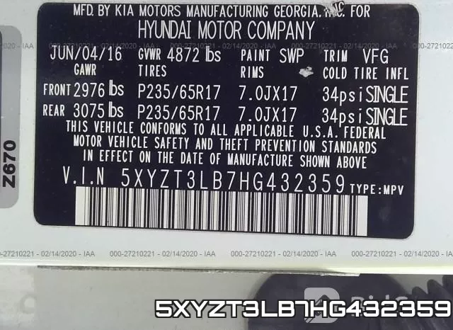 5XYZT3LB7HG432359 фото 8